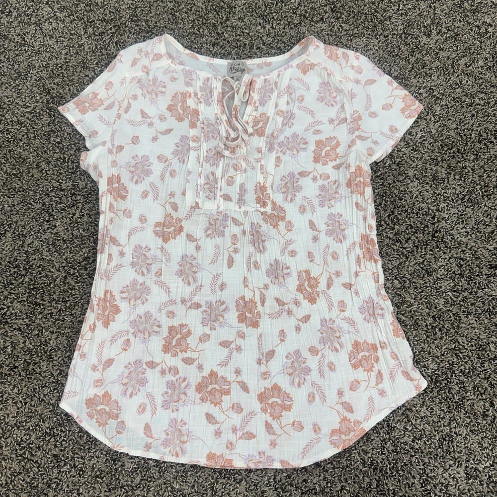 C Como Vintage Floral Peasant Blouse Tie Neck Boho White Pink Womens XL